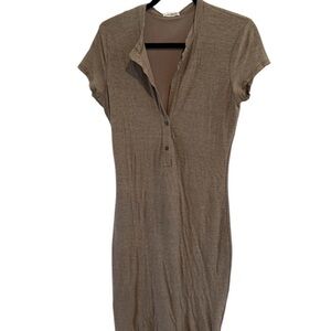 James Perse Henley Cap Sleeve Plunge Midi Heather Beige Dress Sz 1 / Small NWT